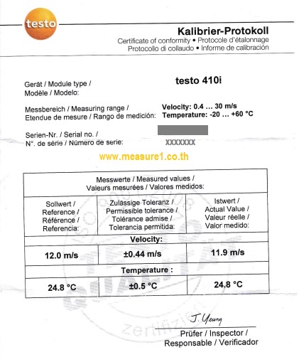 ตัวอย่างใบ cert ของ Testo 410i